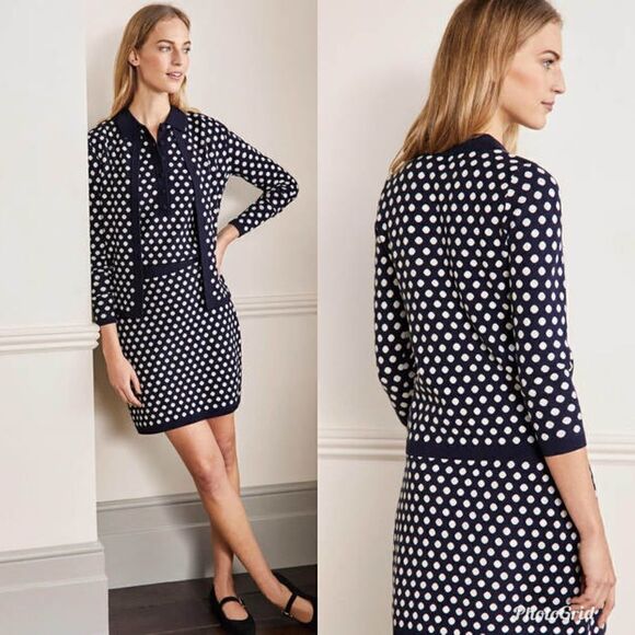 Boden Cleo Jacquard Henley Sweater in Navy and Ivory Polka Dot - Picture 1 of 11